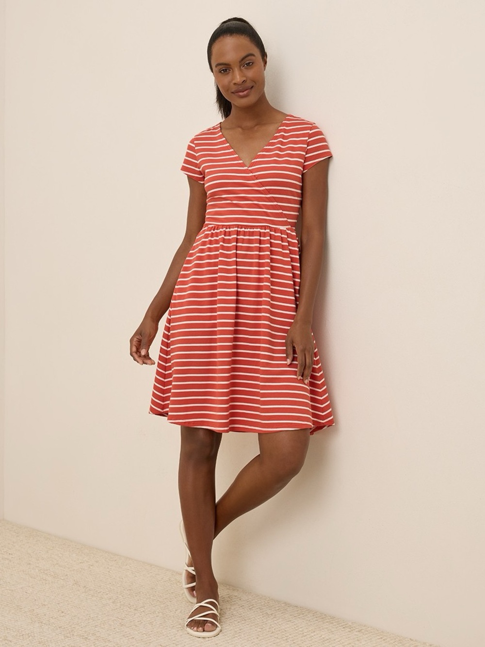 Pact Fit & Flare Crossover Dress in Daytripper Stripe Red Size M
